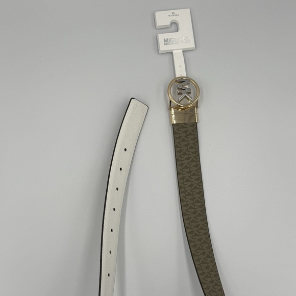 Michael Kors Belt Twist Reversible Leather MK Logo Buckle White‎ Khaki XL - Picture 2 of 6